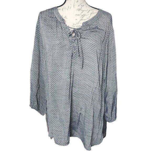 Fred David Women's Size 2X Gray White Polka Dot Lace Up 3/4 Sleeve Blouse - Picture 1 of 7